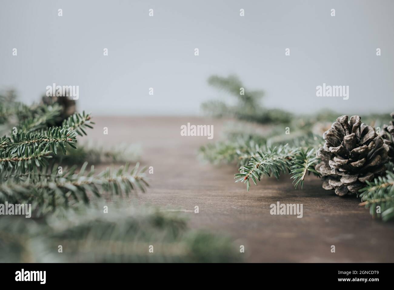 Minimalistischer Winter weihnachten Hintergrund. Tannenzweige und Zapfen auf einem Holztisch. Stockfoto