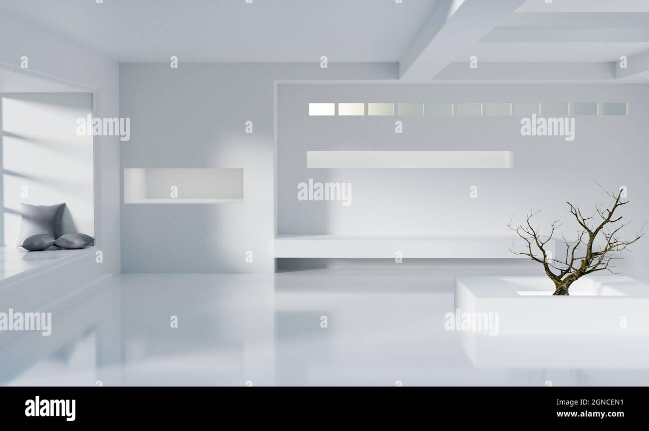 Minimaler weißer Raum mit Baum im Raum, 3d-Darstellung von Illustrationen Stockfoto