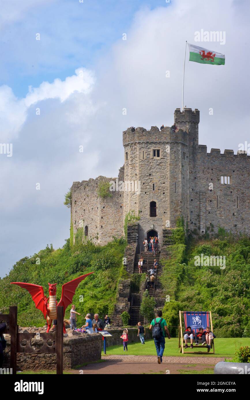 Cardiff Castle, unter der walisischen Nationalflagge, Wales, Vereinigtes Königreich Stockfoto
