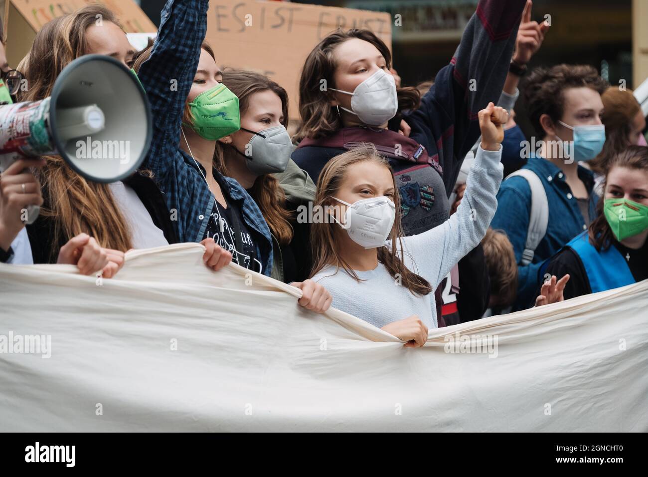 Berlin, Deutschland, 24. September 2021: Greta Thunberg in Berlin, demonstriert freitags für den zukünftigen globalen Klimaangriff Stockfoto