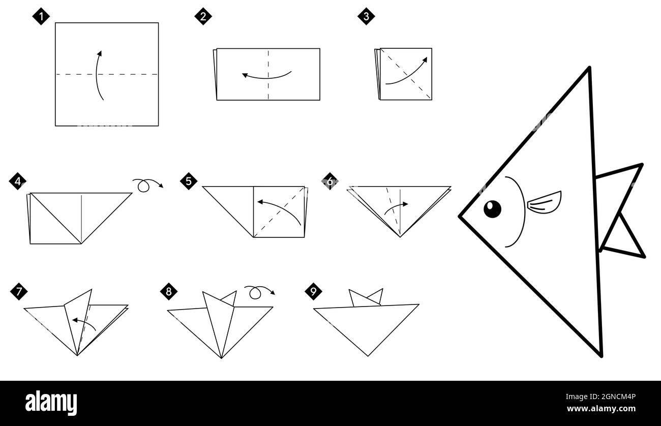 Wie man Origami-Dreiecksfisch macht. Schritt für Schritt einfache schwarz-weiße DIY-Anleitungen. Stock Vektor
