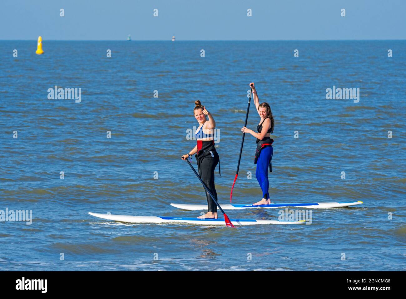 Zwei weibliche Paddlebarder üben den Wassersport Stand Up Paddleboarding / Stand Up Paddle Boarding / SUP entlang der Nordseeküste Stockfoto