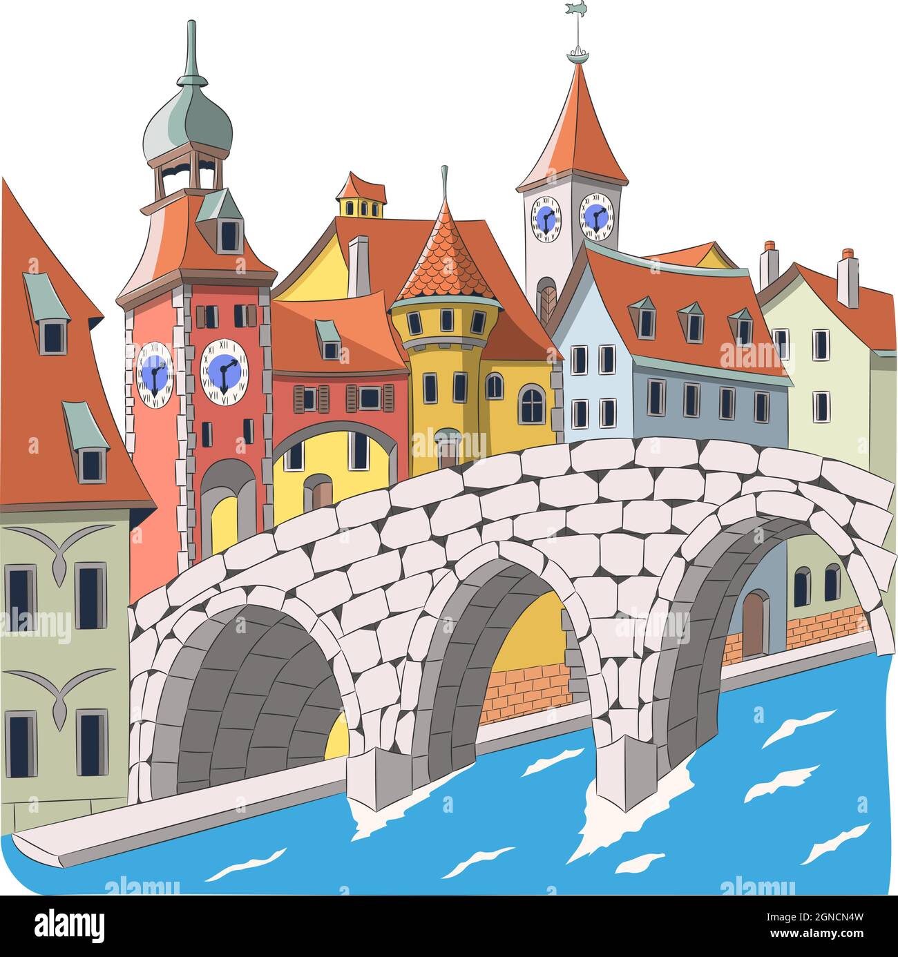 Die alte mittelalterliche Steinbrücke vor dem Hintergrund der bunten Häuser der Altstadt. Deutschland. Regensburg. Bayern. Vektorgrafik. Stock Vektor