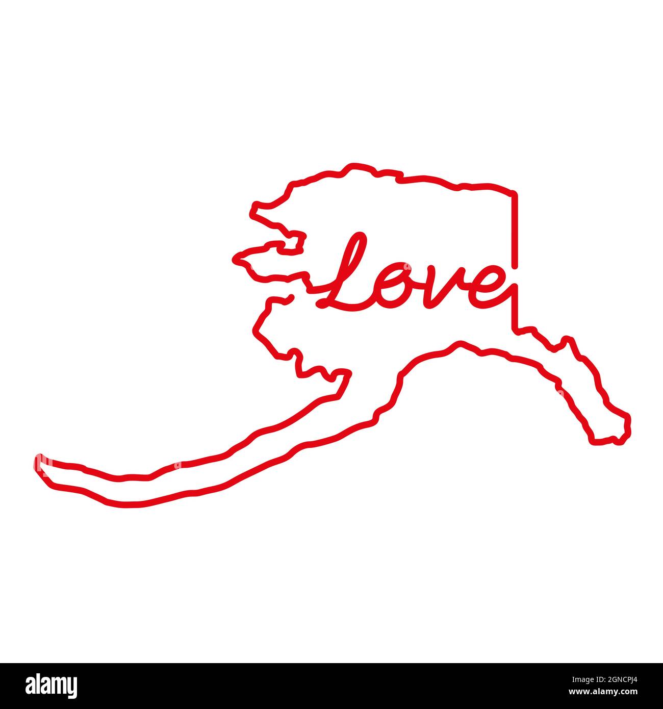 Alaska US State Red Outline Karte mit dem handschriftlichen LIEBESWORT. Kontinuierliche Linienzeichnung des patriotischen Heimatzeichens. Eine Liebe für eine kleine Heimat. Innen Stock Vektor