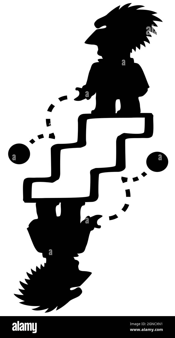 Treppen fallen bounce surreale Schwerkraft Physik Experiment Figur Silhouette Schablone schwarz, Vektor-Illustration, vertikal, über weiß, isoliert Stock Vektor