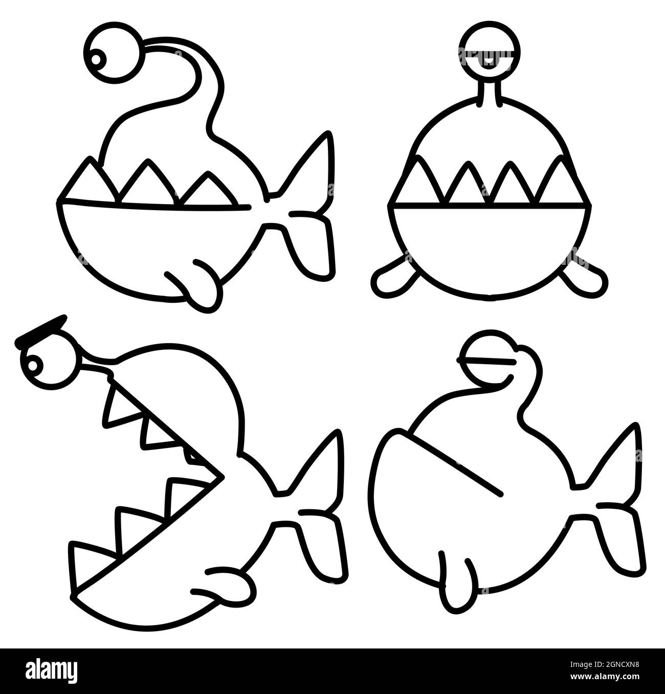 Vicious Cartoon Fisch mit einem Auge und beißende Zähne Linie Zeichnung Posen gesetzt, Vektor, horizontal, schwarz und weiß, isoliert Stock Vektor