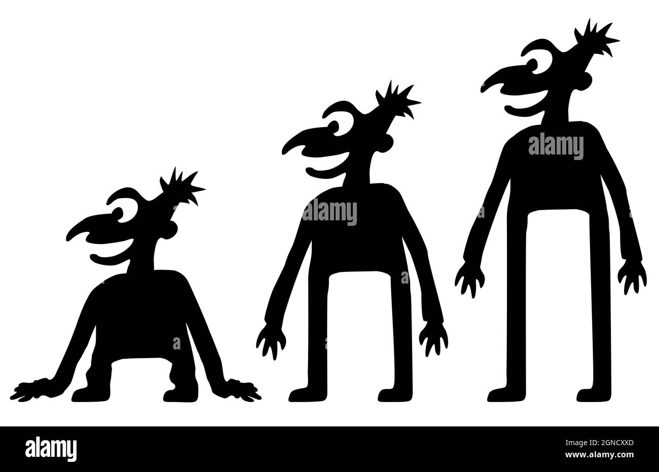 Höhenverstellung ändern Witz Figur Silhouette Schablone schwarz, Vektor-Illustration, horizontal, über weiß, isoliert Stock Vektor