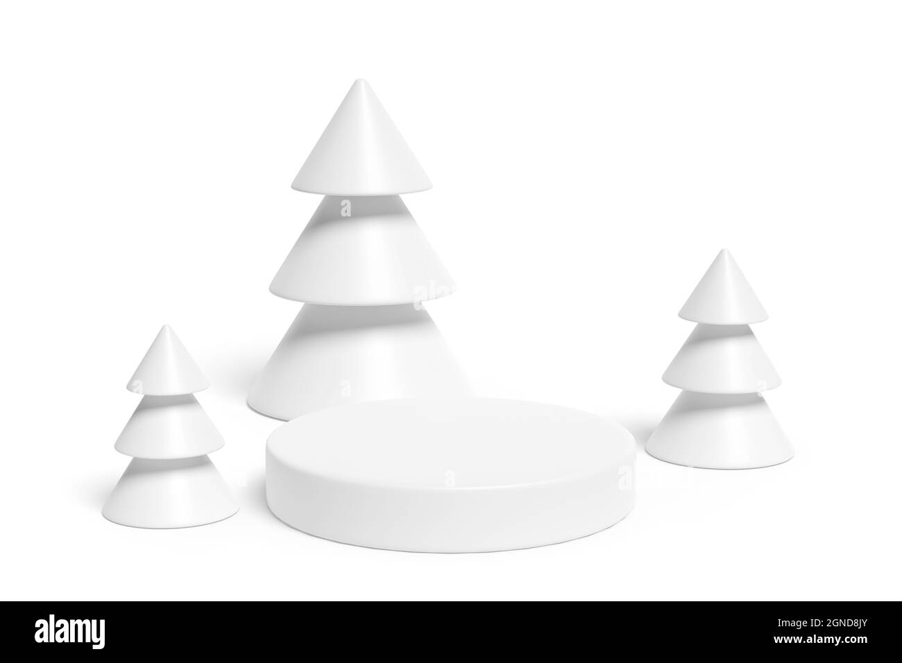 Weihnachtspodium mit Bäumen in Weiß. 3d-Illustration. Stockfoto