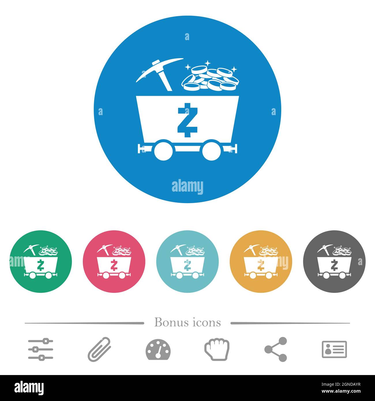 Zcash Kryptowährungsbergbau mit schatzflachen weißen Symbolen auf runden Farbhintergründen. 6 Bonus-Symbole enthalten. Stock Vektor