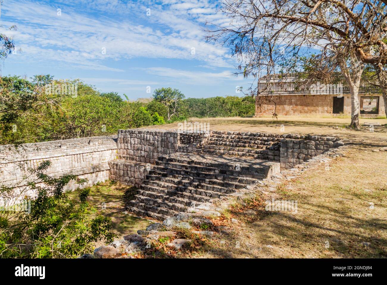 Casa de las Tortugas Haus der Turtles Gebäude rechts an den Ruinen der alten Maya-Stadt Uxmal, Mexiko Stockfoto