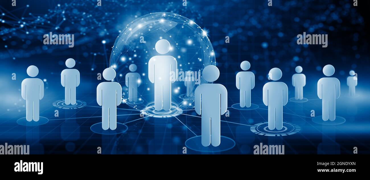 Menschliches soziales Netzwerk. Personalmanagement und Teambildung. HR-, Rekrutierungs- und Führungskonzept. 3D-Rendering. Stockfoto