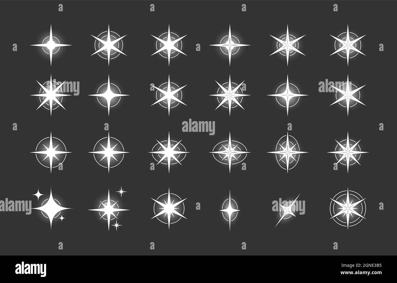 Sterne. Eine Reihe bearbeitbarer Symbole. Die Ausstrahlung von Sternen oder Feuerwerk. Vektorsymbol auf schwarzem Hintergrund. Flaches Design. Stock Vektor