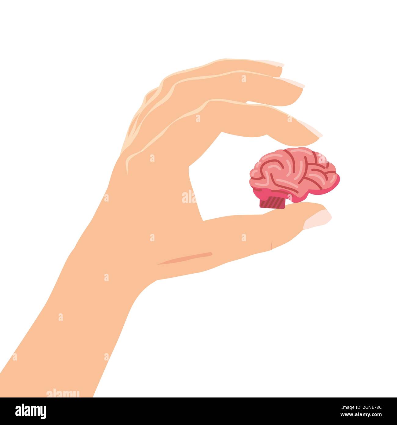 Hand hält das Gehirn sorgfältig symbolisch für die psychische Gesundheit. Konzept Psychologie und Psychotherapie. Vektor isoliert Stock Vektor