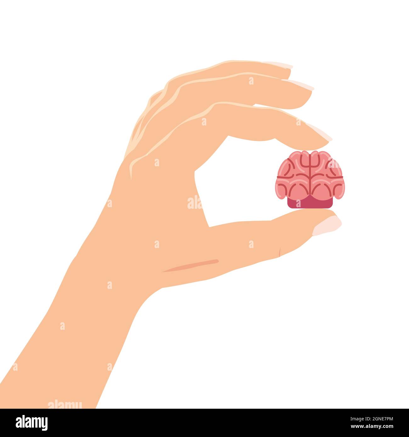 Hand hält das Gehirn sorgfältig symbolisch für die psychische Gesundheit. Konzept Psychologie und Psychotherapie. Vektor isoliert Stock Vektor