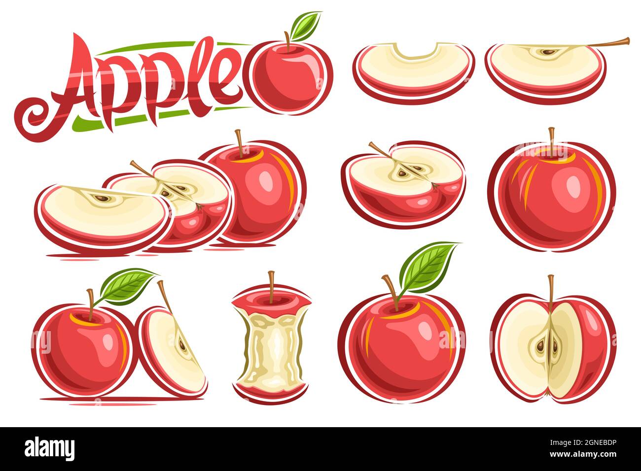 Vector Set von roten Äpfeln, Lot Sammlung von ausgeschnittenen Stillleben Kompositionen, ganze und in Scheiben geschnittene natürliche Äpfel mit grünen Blättern und Stielen auf weißem Rücken Stock Vektor