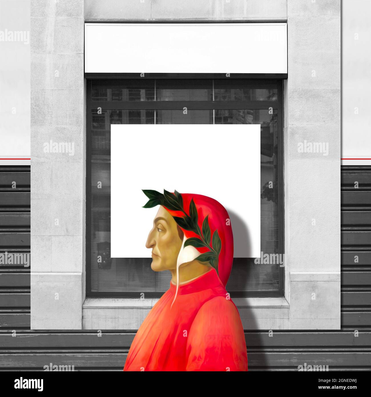 Dante Alighieri Profilillustration auf verwittertem Fenster und Wandhintergrund Stockfoto