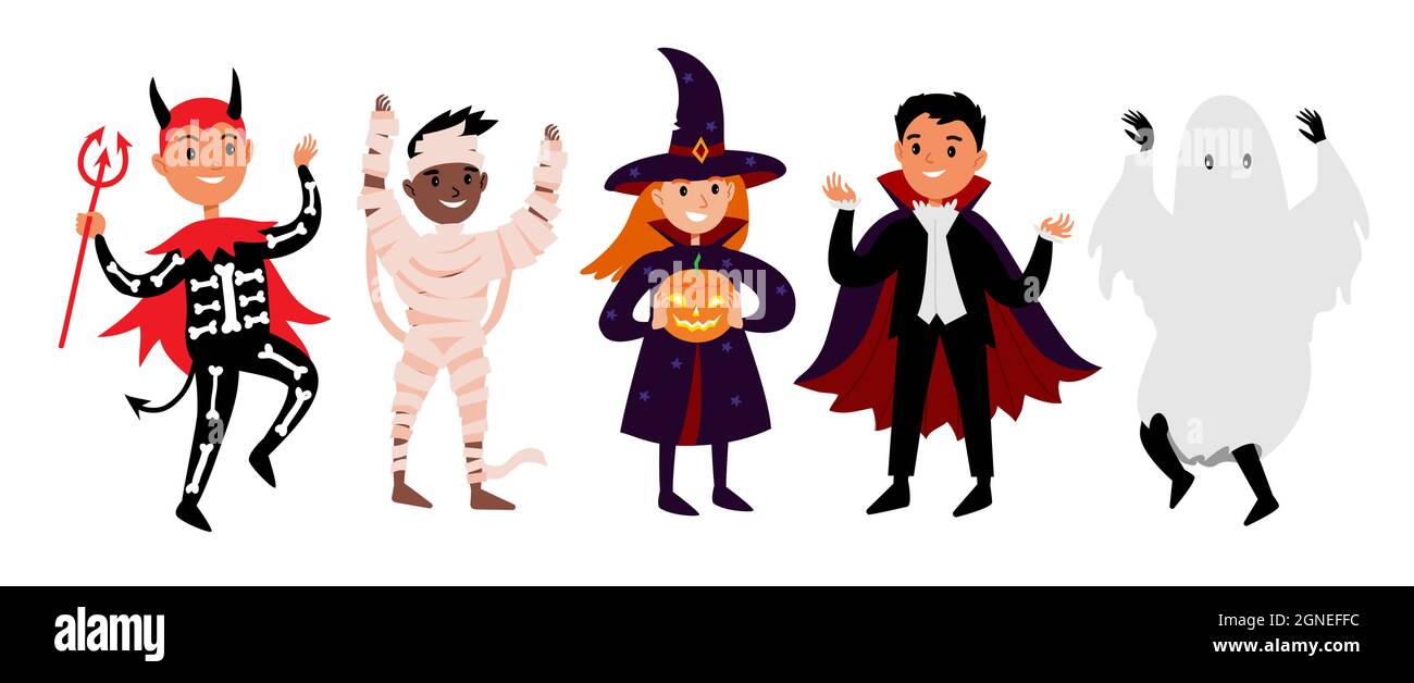 Halloween-Figuren von kleinen Kindern in festlichen Kostümen von Mama, Hexe, Kürbis, Geist. Vektor-Illustration Satz von verschiedenen Charakteren in halloween ou Stock Vektor