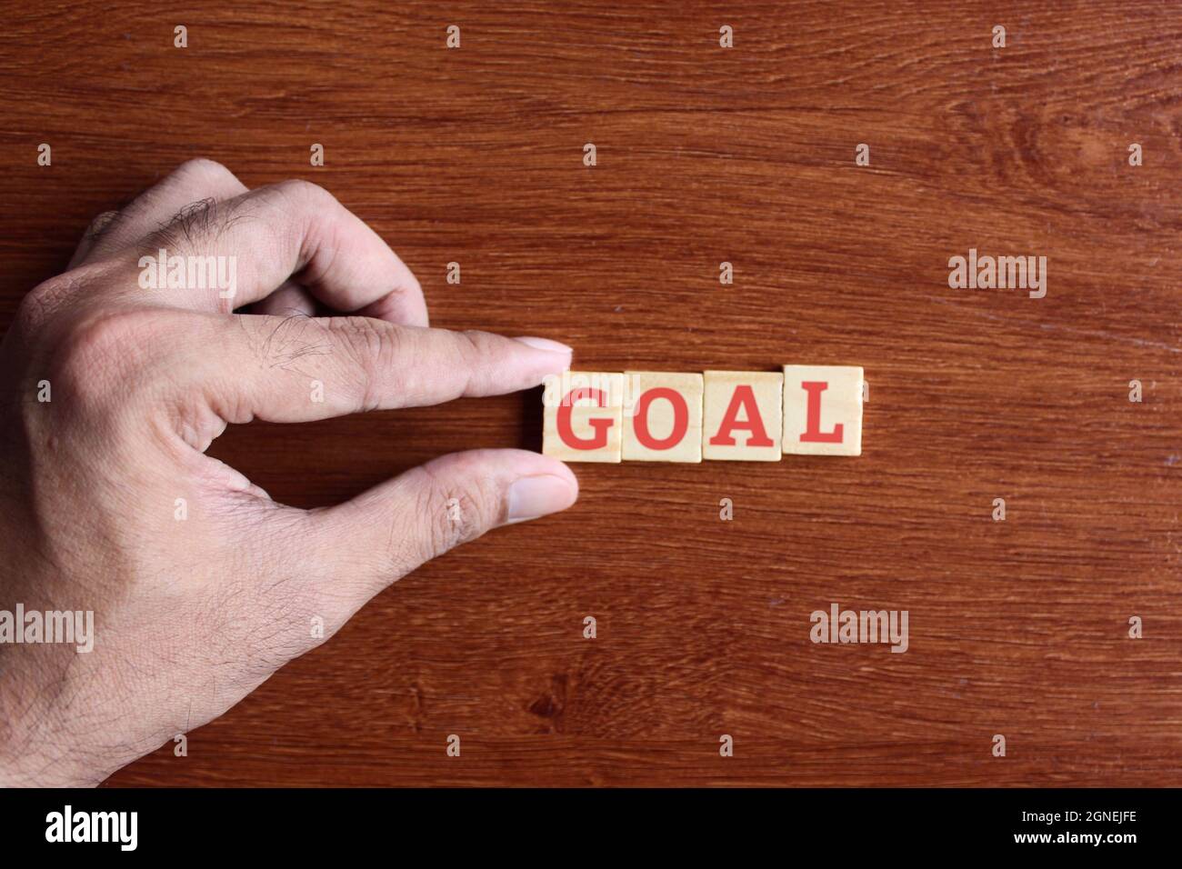 Motivations- und Inspirationskonzept. Finger setzen Holzwürfel mit Text ZIEL Stockfoto