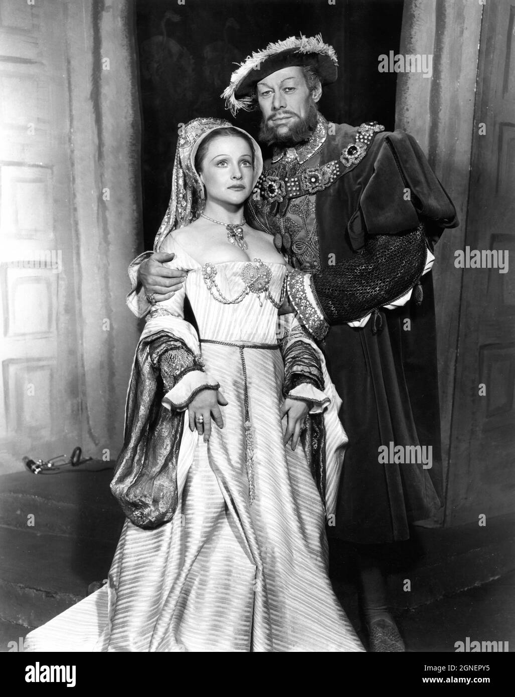 REX HARRISON als König Henry VIII und JOYCE REDMAN als Anne Boleyn Portrait von ALEXANDER BENDER für die ursprüngliche Broadway-Produktion von ANNE OF THE THOUSAND DAYS vom 8. Dezember 1948 im Shubert Theatre in New York von MAXWELL ANDERSON in der Inszenierung von H.C. POTTER Szenisches und Lichtdesign Jo Mielziner Kostümdesign Motley produziert von der Dramatikers' Company und Leland Hayward Stockfoto