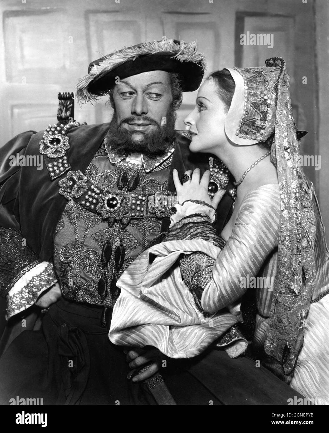 REX HARRISON als König Henry VIII und JOYCE REDMAN als Anne Boleyn Portrait von ALEXANDER BENDER für die ursprüngliche Broadway-Produktion von ANNE OF THE THOUSAND DAYS vom 8. Dezember 1948 im Shubert Theatre in New York von MAXWELL ANDERSON in der Inszenierung von H.C. POTTER Szenisches und Lichtdesign Jo Mielziner Kostümdesign Motley produziert von der Dramatikers' Company und Leland Hayward Stockfoto