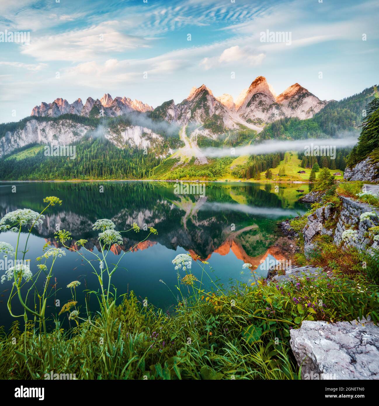 Traumhafter Sommerblick auf den Großen Donnerkogel, Österreich, Europa. Farbenfrohe Morgenszene am Vorderer (Gosausee) See in den österreichischen Alpen. Schönheit Stockfoto