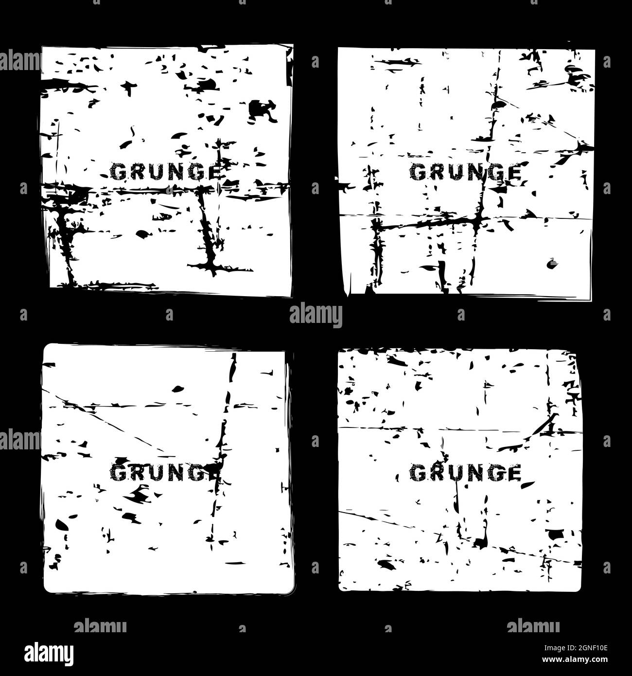 Serie von weißen Grunge-Kratzer-quadratischen Postmarken. Vektorstrukturen für Distress. Weiße staubige Formen für Banner, Logo, Icons, Abzeichen, Embleme, Beschriftungen Stock Vektor