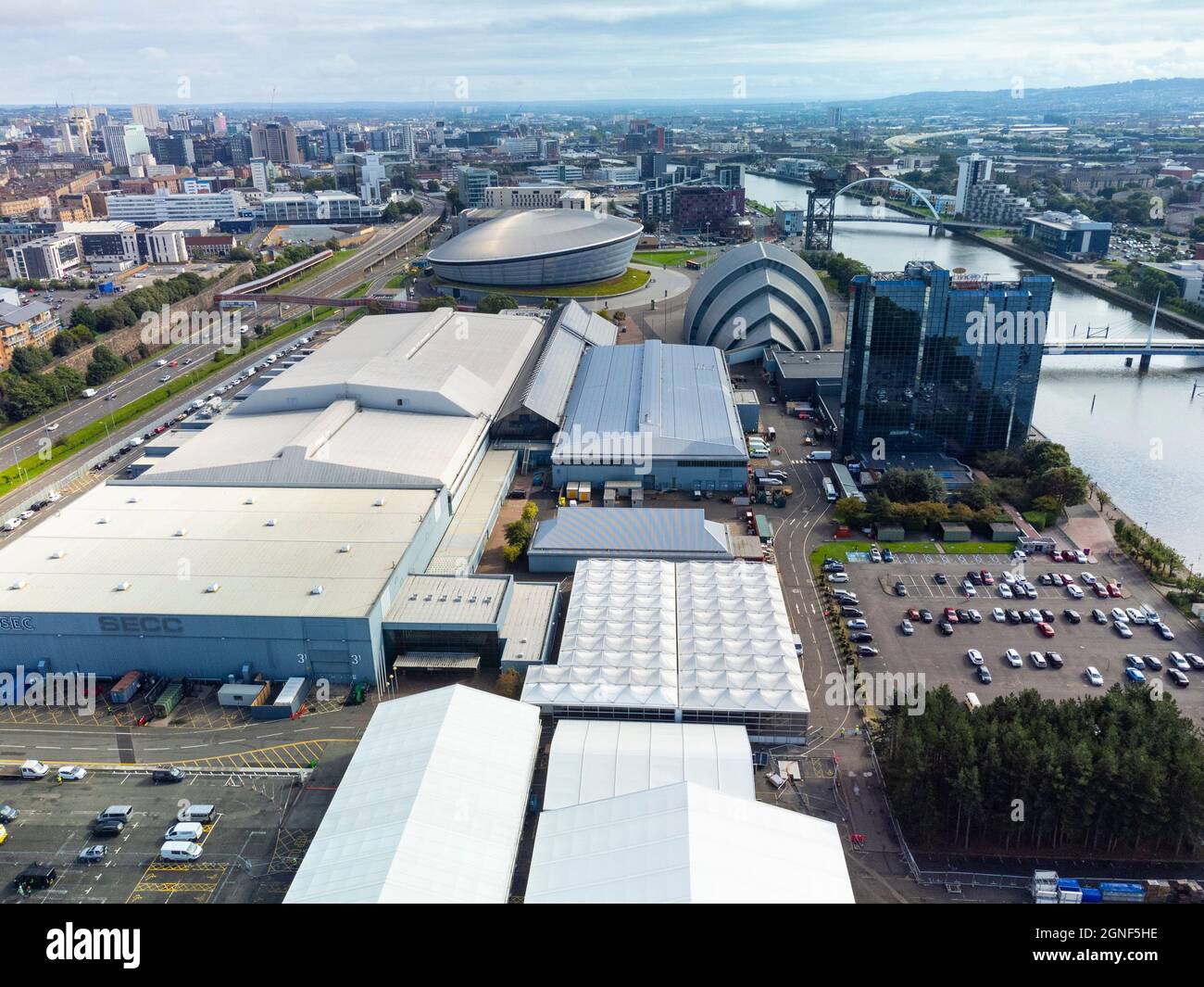 Luftaufnahmen des Standorts der internationalen Klimakonferenz COP26 und des Gipfels, die im November 2021 in Glasgow stattfinden wird. Stockfoto