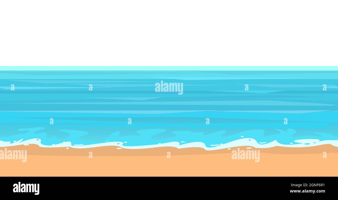 Frontalansicht der Küste. Wellen entlang der Surflinie. Gelber Sandstrand. Entfernter Horizont. Das isolierte Objekt auf weißem Hintergrund. Nahtlos Stock Vektor