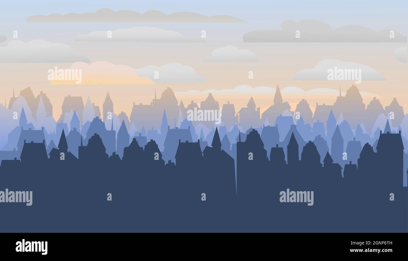 Kleine Stadt Straßen Silhouette. Dächer von Häusern. Landschaft auf dem Land. Flacher Cartoon-Stil. Nahtlose Illustration. Vektorgrafiken Stock Vektor