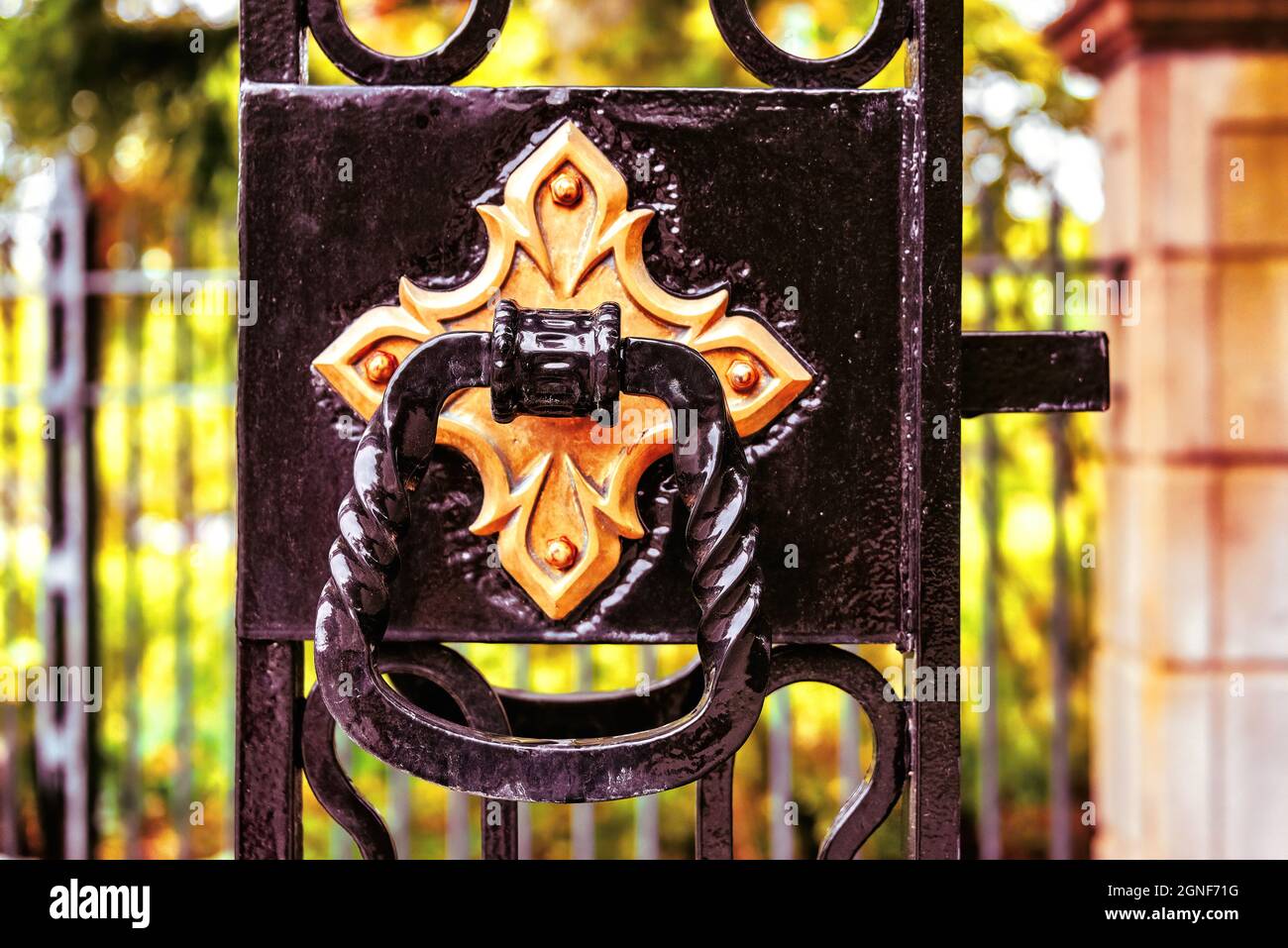 Detail eines metallischen Türklopfers in einem Tor Stockfoto