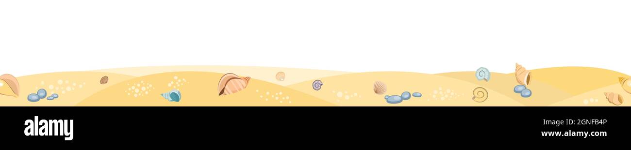 Frontalansicht der Küste. Gelber Sandstrand. Muscheln und Schneckenschalen. Nahaufnahme. Das isolierte Objekt auf weißem Hintergrund. Marine Stock Vektor