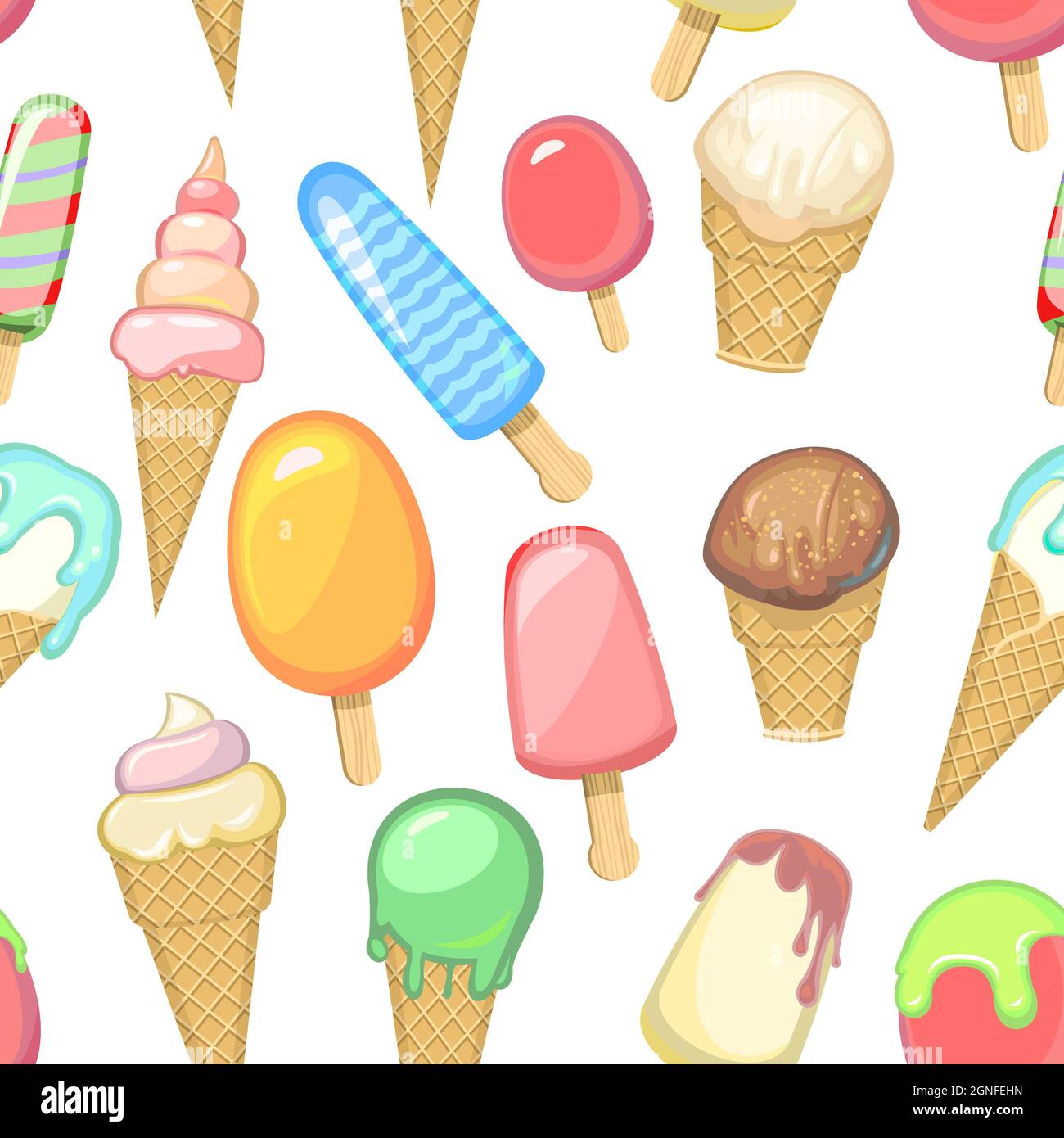 Mehrfarbiger Eiscreme-Muster nahtlos. Hintergrunddarstellung. Hintergrunddruck. In Waffelgläsern und Zapfen. Popsicle auf Stöcken. Sommerliches Essen süß Stock Vektor