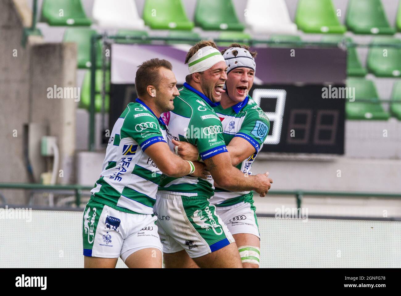 Monigo Stadium, Treviso, Italien, 25. September 2021, Benetton feiert Versuch während Benetton Rugby vs DHL Stormers - United Rugby Championship Spiel Stockfoto