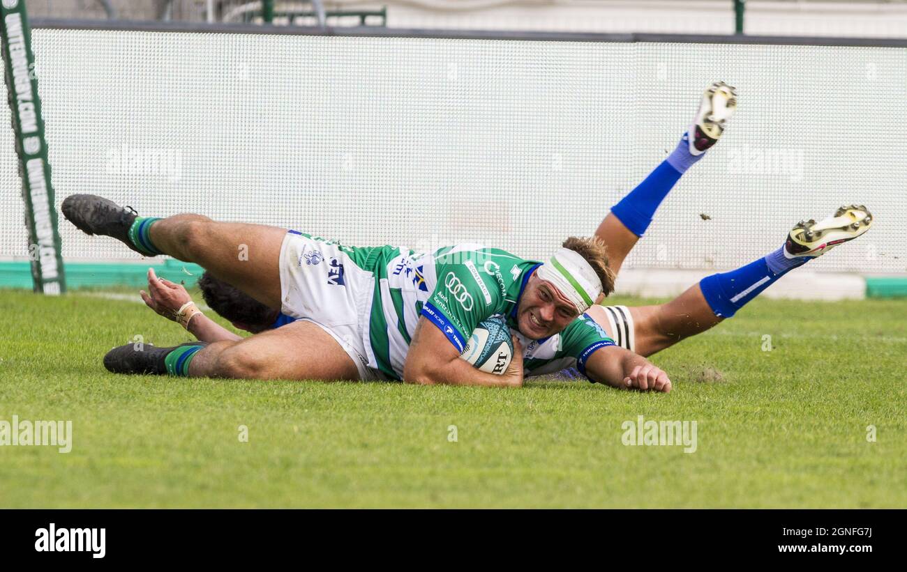 Monigo Stadium, Treviso, Italien, 25. September 2021, Gianmarco Lucchesi versuchen während Benetton Rugby gegen DHL Stormers - United Rugby Championship Spiel Stockfoto