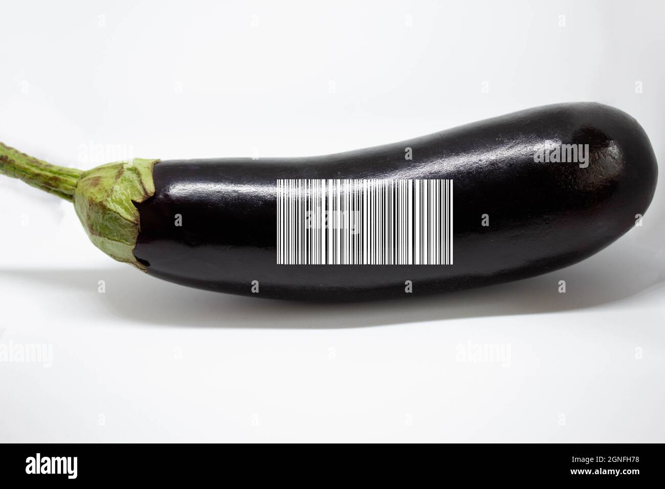 Eine Aubergine mit einem weißen Barcode darauf. Weißer Hintergrund. Textbereich Stockfoto