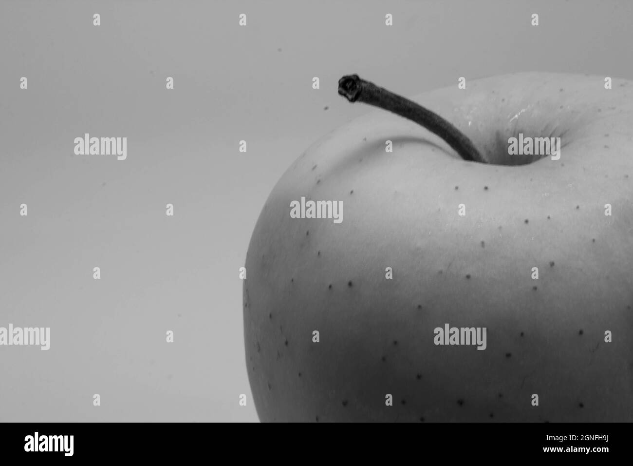 Schwarz-weißer Apfel auf weißem Hintergrund mit Kopierplatz. Textbereich Stockfoto