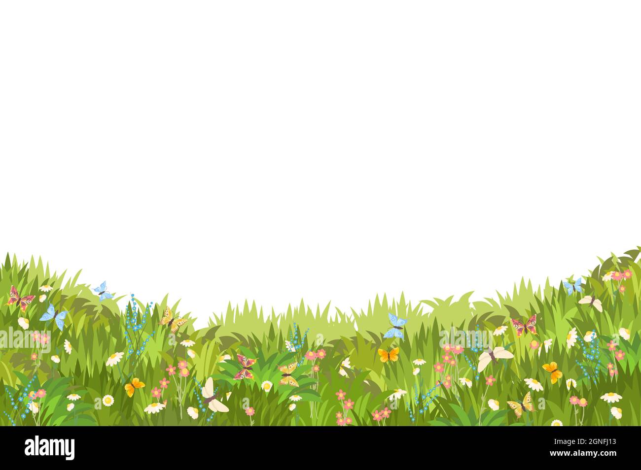 Wiese mit Wildblumen und Schmetterlingen. Abbildung. Nahaufnahme des Grases. Wunderschöne grüne Landschaft. Isoliert. Cartoon-Stil. Flaches Design. Blumen Stock Vektor