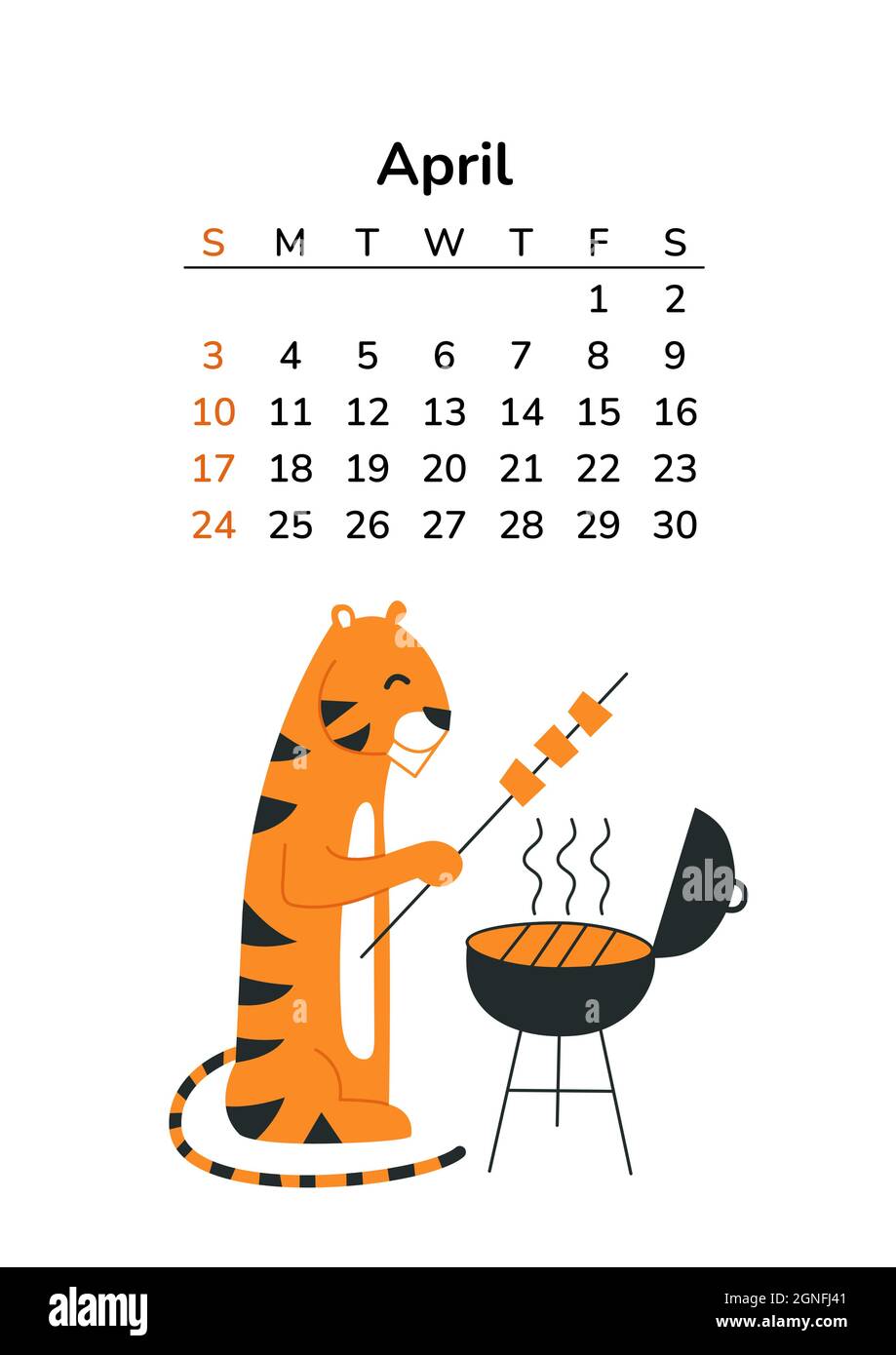 Vertikaler Kalender 2022 mit Tigern. April-Seite. Seiten im A4-Format.  Tiger im Cartoon-Stil. Chinesisches Horoskop. Die Woche beginnt am Sonntag.  Aktivitäten im Freien Stock-Vektorgrafik - Alamy