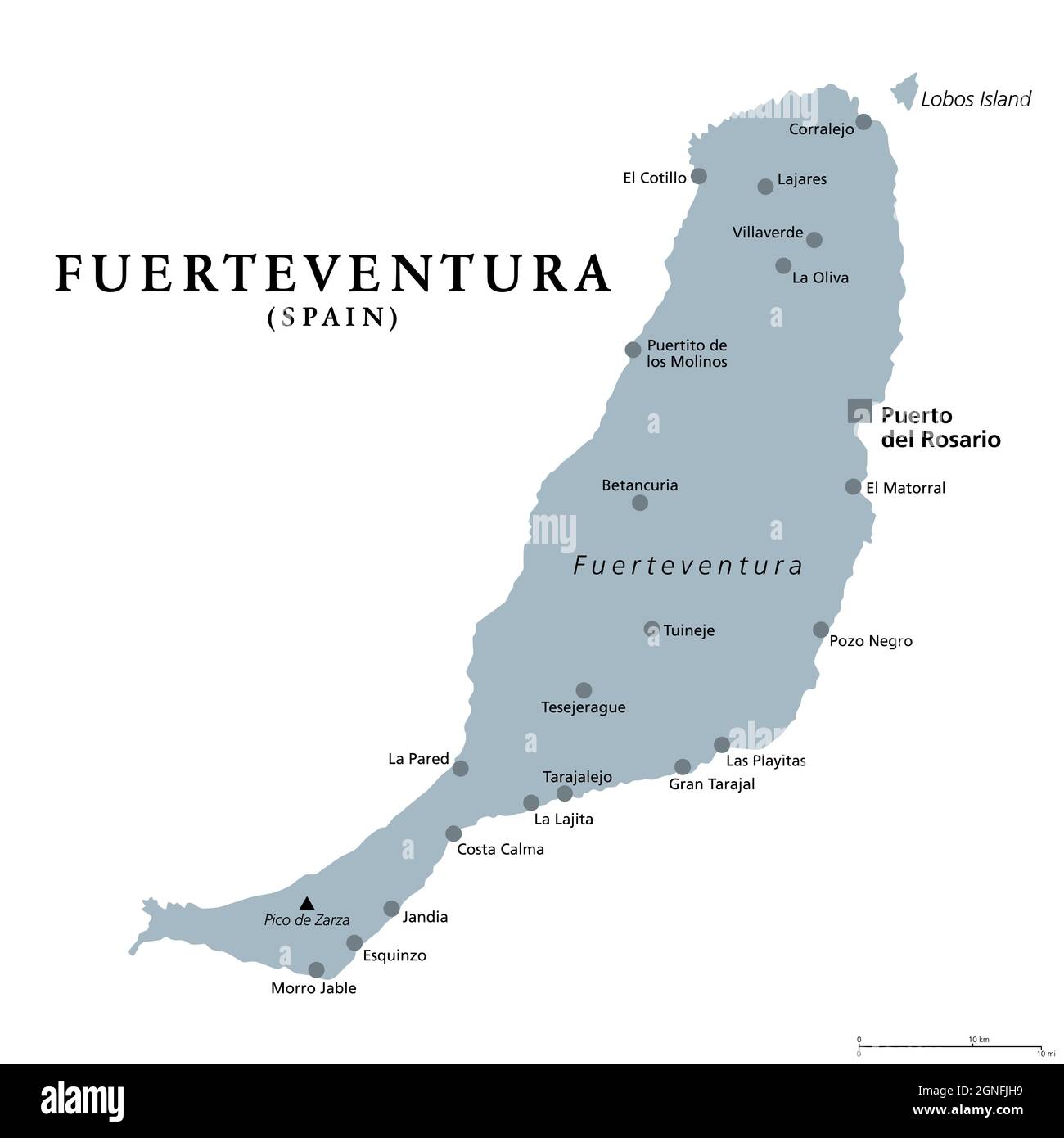 Fuerteventura, graue politische Landkarte mit der Hauptstadt Puerto del Rosario. Teil der Kanarischen Inseln, einer Inselgruppe und autonomen Gemeinschaft Spaniens. Stockfoto