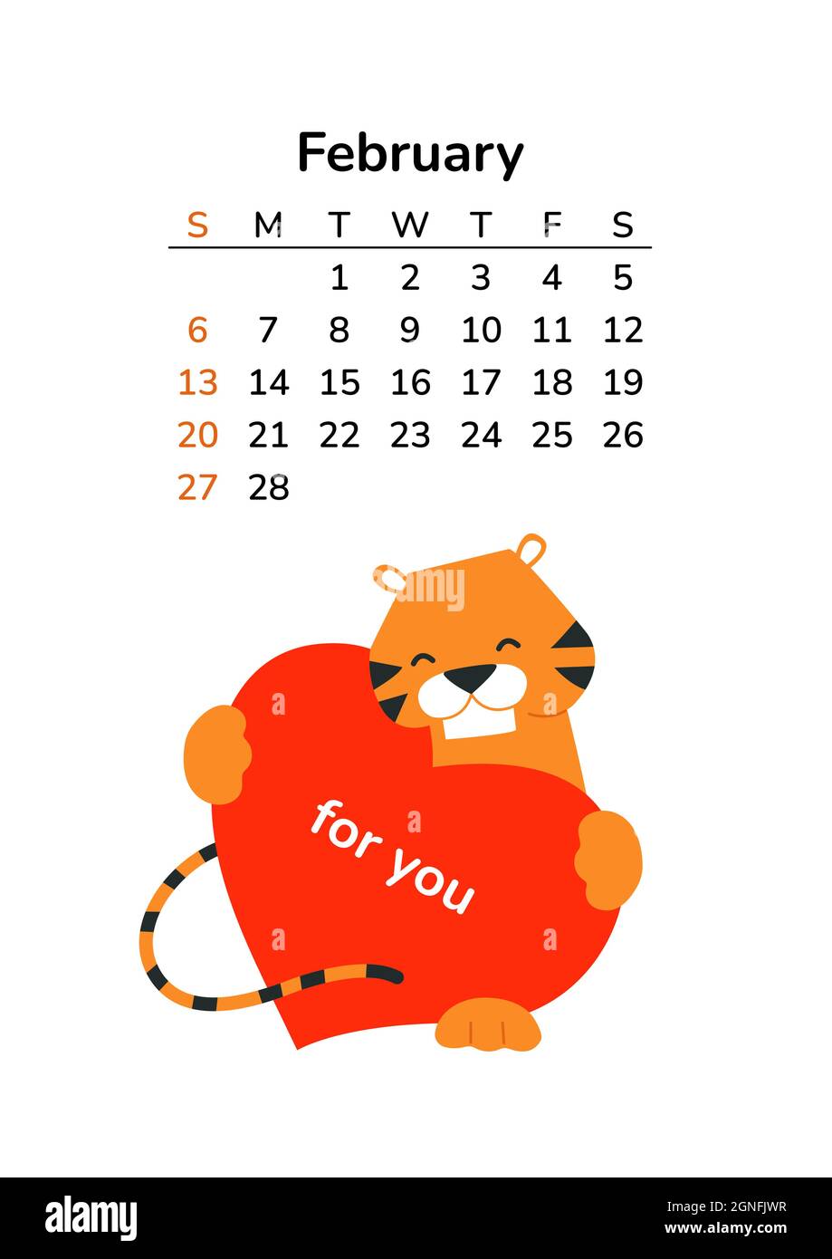 Vertikaler Kalender 2022 mit Tigern. Februar-Seite. Seiten im A4-Format. Tiger im Cartoon-Stil. Chinesisches Horoskop. Vektor-isolierte Illustration. Rotes Herz Stock Vektor