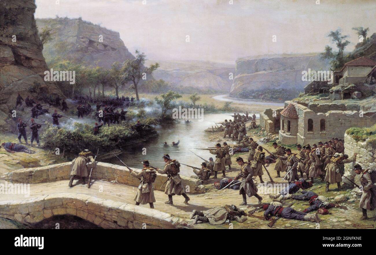 Ein Gemälde, das die Kämpfe während der Schlacht von Ivanovo-Chiflik während des russisch-türkischen Krieges 1877 zeigt Stockfoto