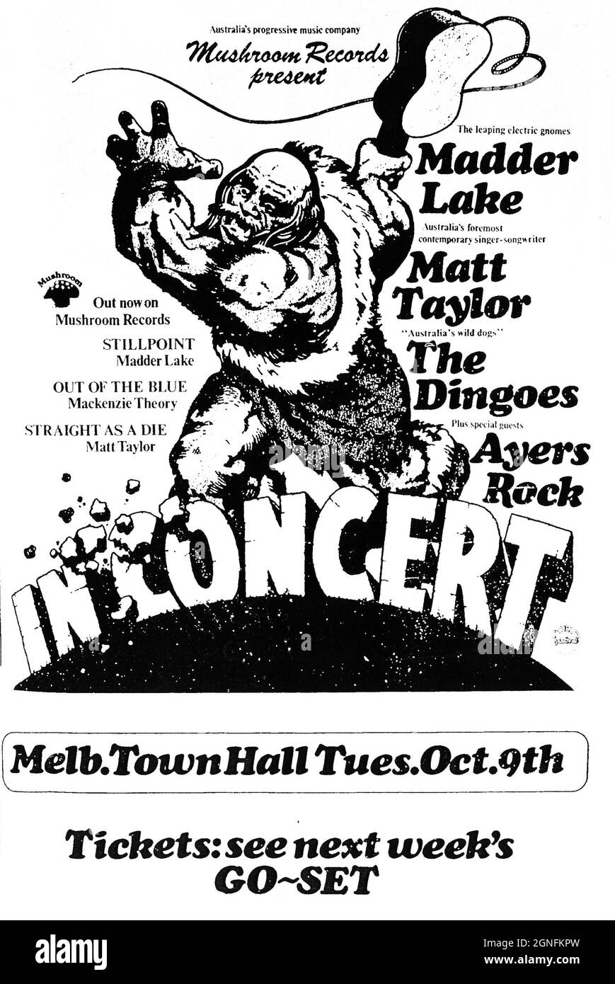Ayres Rock arbeitete von 1973 bis 1981 mit etwas Break, Jazz und Progressive Rock. Die Dingos waren eine lokale Gruppe in Melbourne, die im selben Jahr gegründet wurde, aber um 1980 aufgelöst wurde. Das Plakat stammt vom Oktober 1973 und die Rechnung wurde vom renommierten australischen Label Mushroom Records zusammengestellt. Springende elektrische Zwerge. Stockfoto