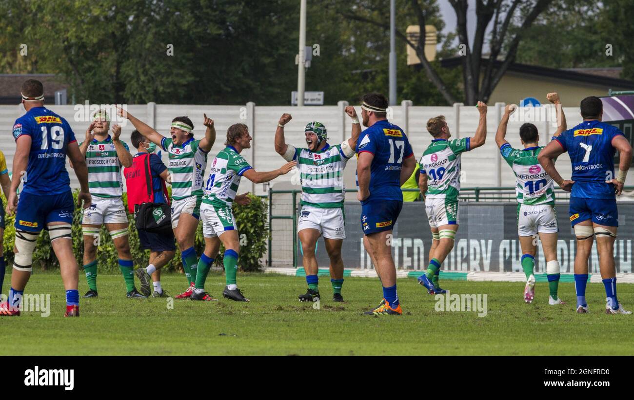 Monigo Stadium, Treviso, Italien, 25. September 2021, Benetton feiert den Sieg während des Spiels von Benetton Rugby gegen DHL Stormers - United Rugby Championship Stockfoto