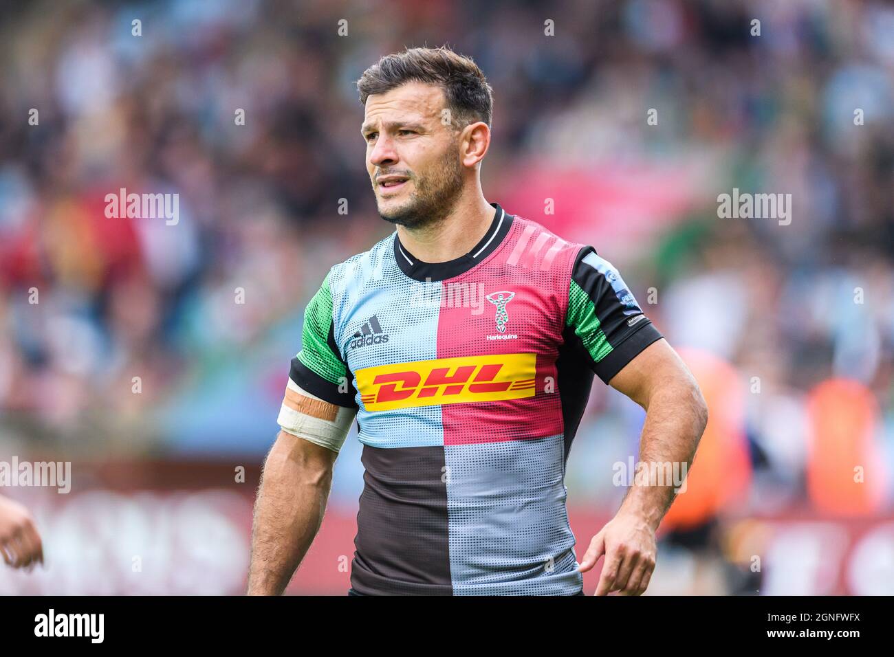 LONDON, GROSSBRITANNIEN. September 2021. Danny Care of Harlequins während der Gallagher Premiership Rugby-Runde 2 Spiel zwischen Harlequins gegen Worcester Warriors im Stoop Stadium am Samstag, 25. September 2021. LONDON, ENGLAND. Kredit: Taka G Wu/Alamy Live Nachrichten Stockfoto