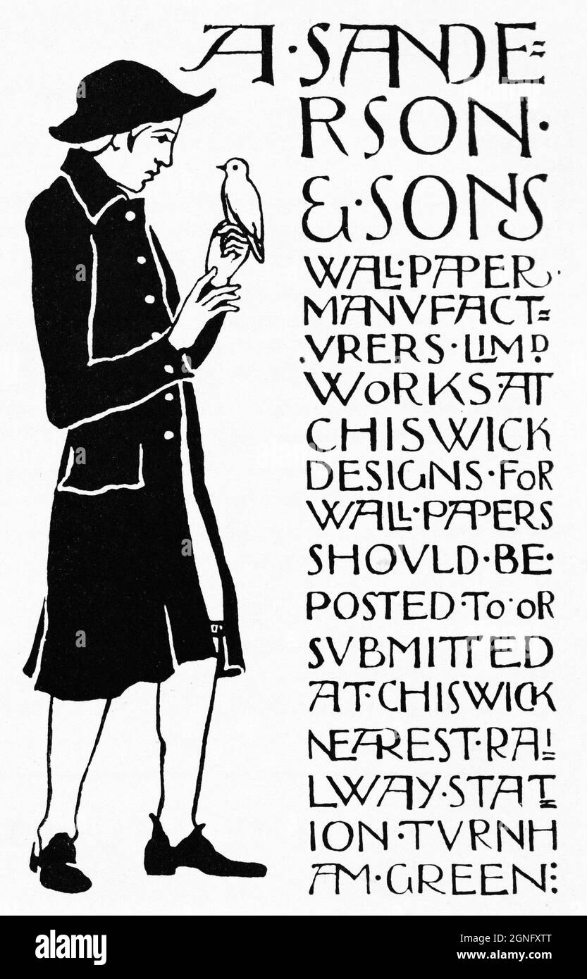 Eine 1902 ‘Arts & Crafts’-Werbung, die ‘Arthur Sanderson & Sons Wallpaper Manufacturers Limited’ fördert. Das Unternehmen wurde 1860 gegründet und zum Zeitpunkt dieser Werbung von einer Fabrik in Chiswick, West London, aus betrieben. Stockfoto