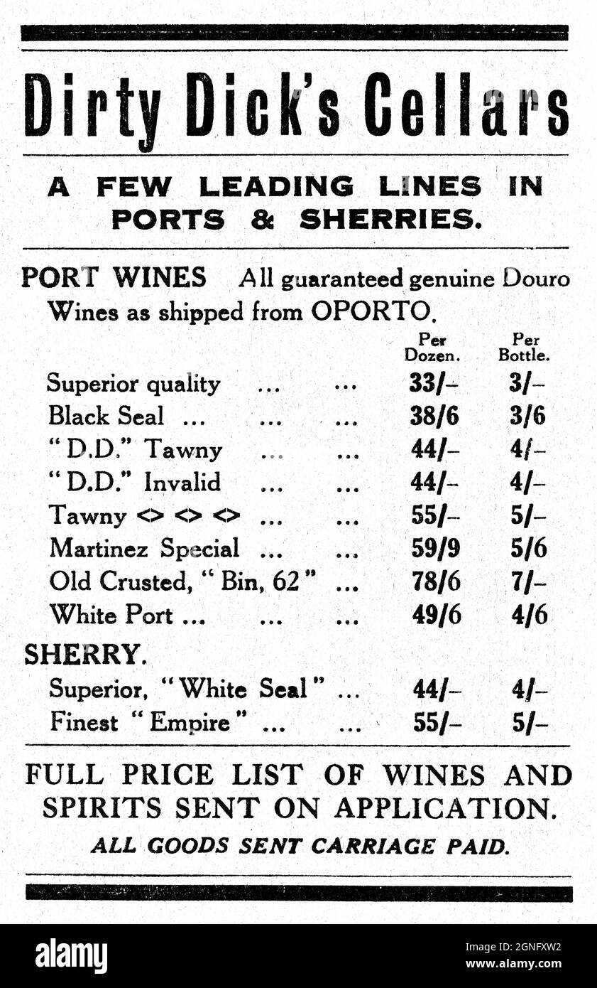 Eine Werbung aus den 1930er Jahren für den berühmten Londoner Pub Bishopsgate, ‘Dirty Dick’s’, in der die Häfen und Sherry aus den Kellern von ‘Dirty Dick’s’ propagiert werden. „Ein paar führende Linien in Ports & Sherries“. Stockfoto