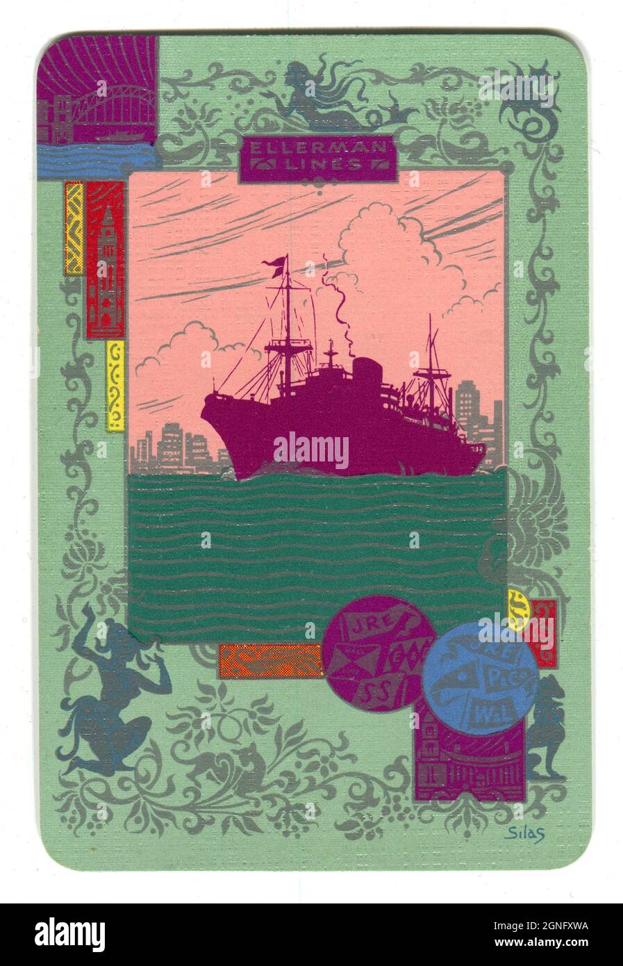 Eine alte Spielkarte aus den 1930er Jahren, die die britische Reederei ‘Ellerman Lines’ fördert. Das attraktive Art déco-Design zeigt die Silhouette eines Schiffes von Ellerman Lines, das an der Skyline von New York vorbeisegelt. Das Design beinhaltet auch die Flaggen der anderen Reedereien, die Ellerman übernommen hatte. Stockfoto
