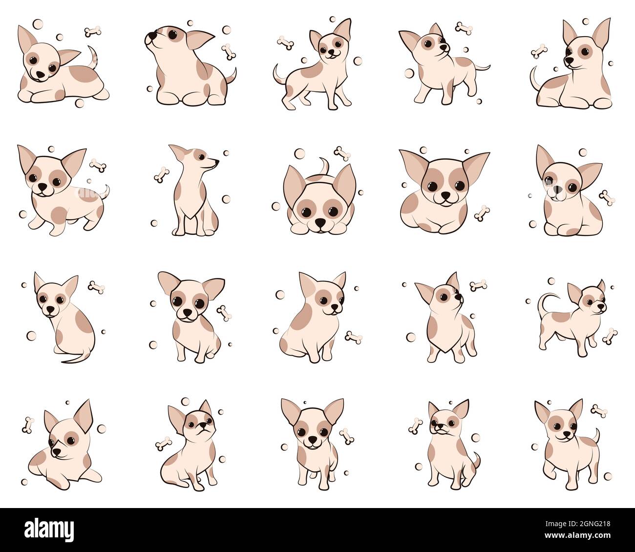 Cute Cartoon Vektor Illustration Icon Set von Chihuahua Welpen Hunde. Es ist flaches Design. Stock Vektor