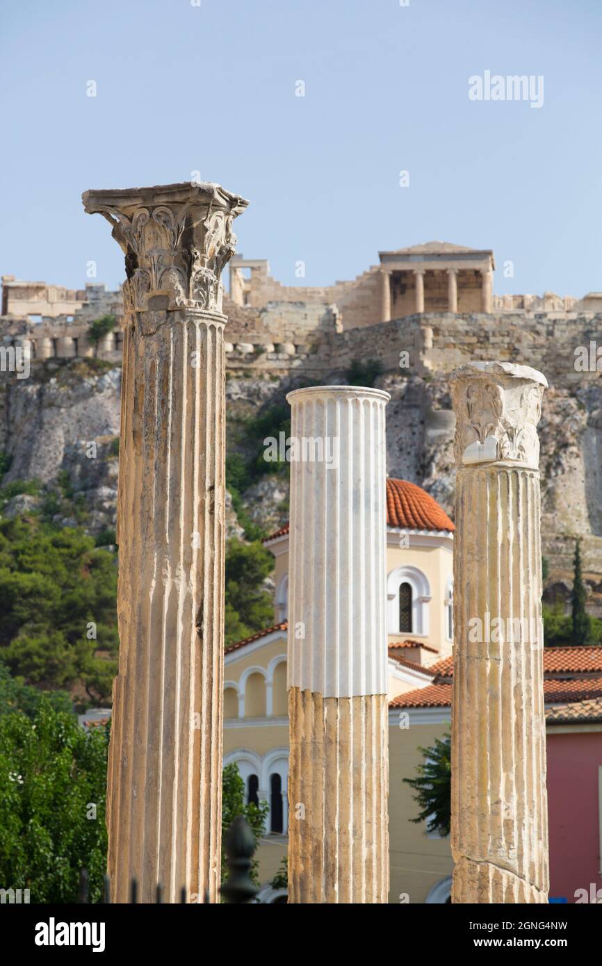 Säulen, Hadrians Bibliothek, Athen, Griechenland Stockfoto