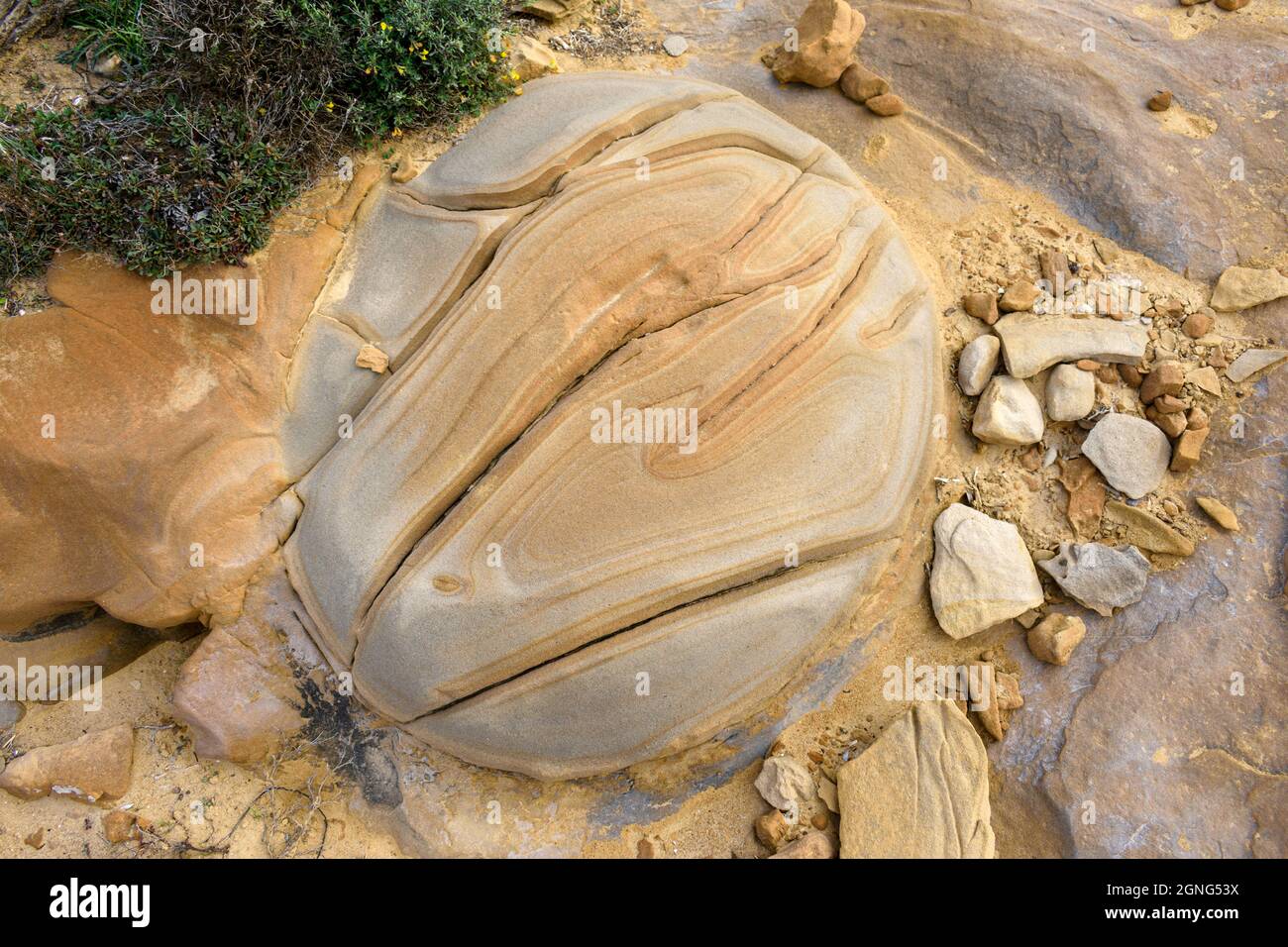 Sedimentgestein mit verschiedenen kreisförmigen Mustern auf der Insel Lemnos Stockfoto